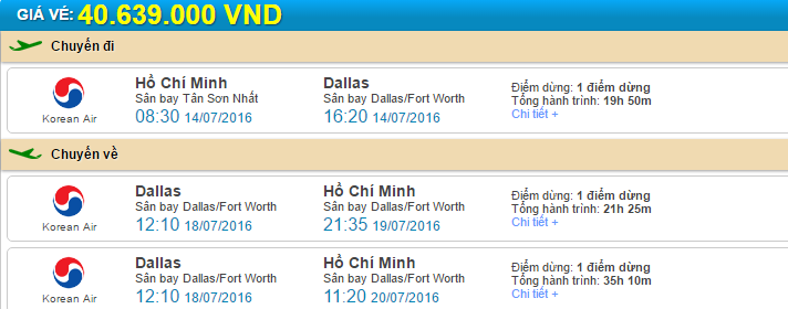 Giá vé máy bay đi Dallas từ Hồ Chí Minh