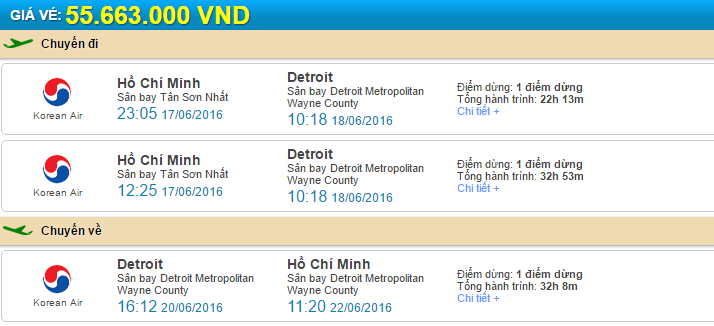 Giá vé máy bay đi Detroit từ Hồ Chí Minh